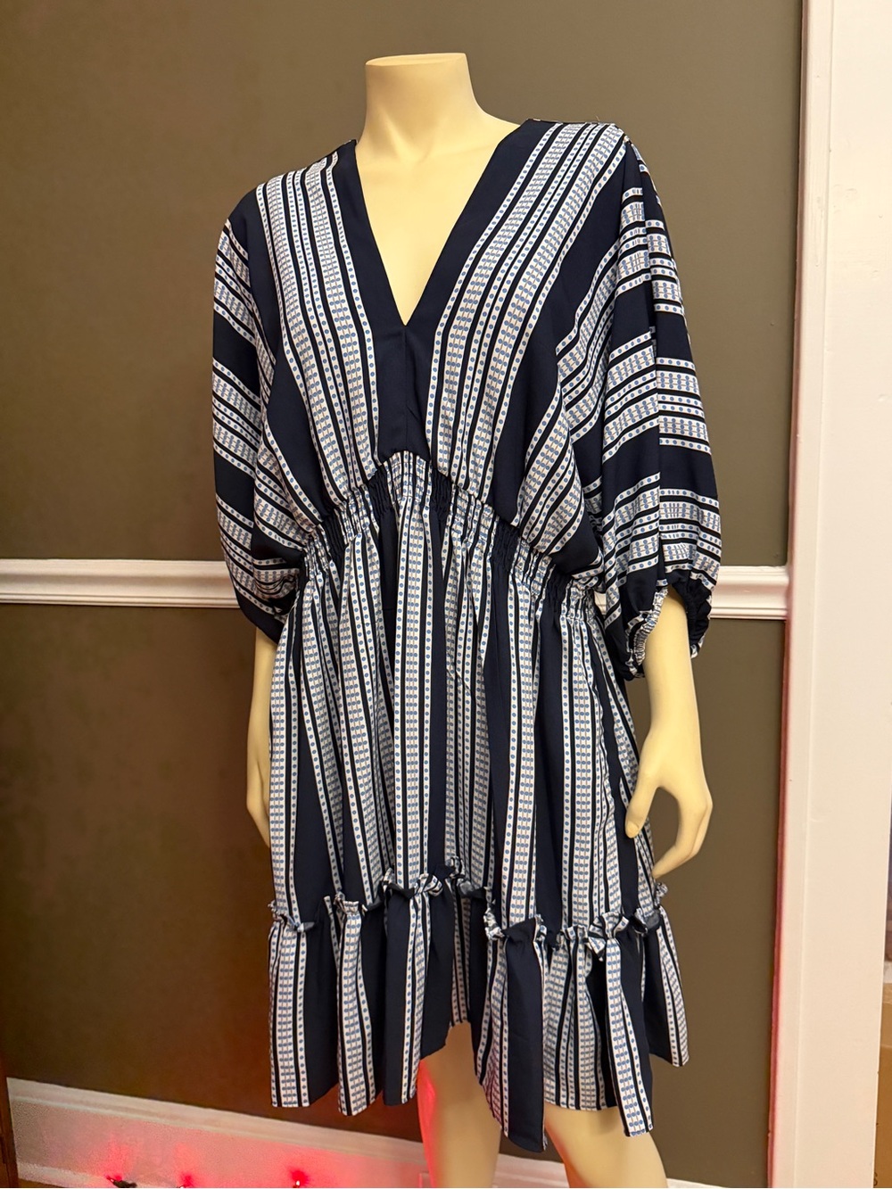 Navy Stripe V-Neck Tiered Women's Dress